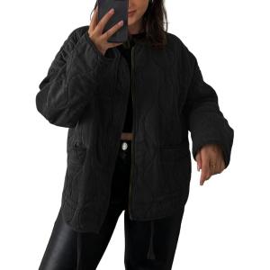 Tankaneo Womens Collarless Lightweight Quilted Jackets Casual Oversized Puffer Coats Zip Up Drawstring Outerwear(Black)