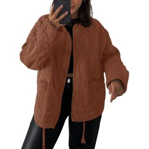 Tankaneo Womens Collarless Lightweight Quilted Jackets Casual Oversized Puffer Coats Zip Up Drawstring Outerwear(Brown)