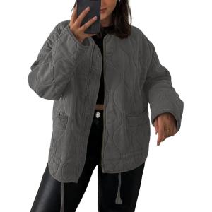 Tankaneo Womens Collarless Lightweight Quilted Jackets Casual Oversized Puffer Coats Zip Up Drawstring Outerwear(Grey)