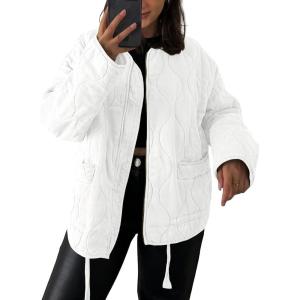 Tankaneo Womens Collarless Lightweight Quilted Jackets Casual Oversized Puffer Coats Zip Up Drawstring Outerwear(White)