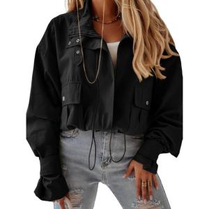 Tankaneo Womens Cropped Bomber Jacket Long Sleeve Zip Up Casual Coats Loose Fit Outerwear with Pockets(Black)