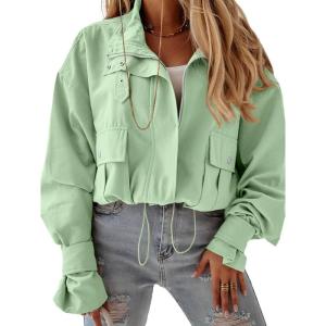 Tankaneo Womens Cropped Bomber Jacket Long Sleeve Zip Up Casual Coats Loose Fit Outerwear with Pockets(Green)