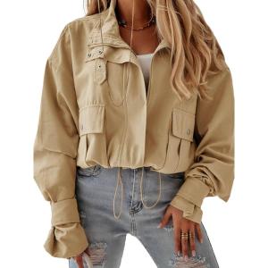 Tankaneo Womens Cropped Bomber Jacket Long Sleeve Zip Up Casual Coats Loose Fit Outerwear with Pockets(Khaki)