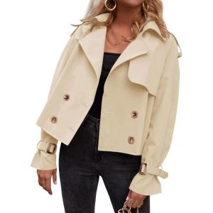 Tankaneo Womens Cropped Trench Coat Oversized Double Breasted Lapel Long Sleeve Short Jacket Fashion Outerwear(Apricot)