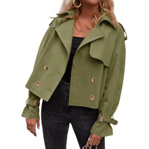 Tankaneo Womens Cropped Trench Coat Oversized Double Breasted Lapel Long Sleeve Short Jacket Fashion Outerwear(Army Green)