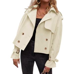 Tankaneo Womens Cropped Trench Coat Oversized Double Breasted Lapel Long Sleeve Short Jacket Fashion Outerwear(Beige)