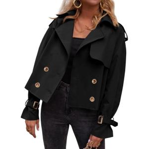 Tankaneo Womens Cropped Trench Coat Oversized Double Breasted Lapel Long Sleeve Short Jacket Fashion Outerwear(Black)