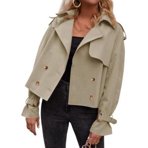 Tankaneo Womens Cropped Trench Coat Oversized Double Breasted Lapel Long Sleeve Short Jacket Fashion Outerwear(Light Khaki)