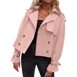 Tankaneo Womens Cropped Trench Coat Oversized Double Breasted Lapel Long Sleeve Short Jacket Fashion Outerwear(Pink)