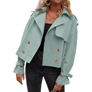 Tankaneo Womens Cropped Trench Coat Oversized Double Breasted Lapel Long Sleeve Short Jacket Fashion Outerwear(Sreygreen)