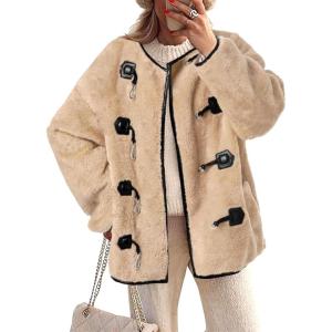 Tankaneo Womens Faux Fur Jackets Fluffy Collarless Winter Fuzzy Coat Oversized Warm Sherpa Outerwear(Khaki)