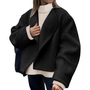 Tankaneo Womens Oversized Cropped Pea Coat Lapel Open Front Jacket Winter Short Outerwear(Black)