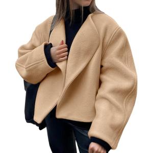 Tankaneo Womens Oversized Cropped Pea Coat Lapel Open Front Jacket Winter Short Outerwear(Camel)