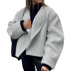 Tankaneo Womens Oversized Cropped Pea Coat Lapel Open Front Jacket Winter Short Outerwear(Light Grey)