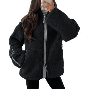 Tankaneo Womens Oversized Sherpa Fleece Jacket Zip Up Teddy Coat Winter Warm Stand Collar Fuzzy Outerwear(Black)