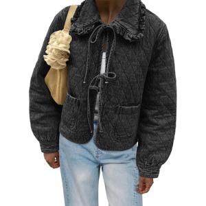 Tankaneo Womens Quilted Denim Puffer Jackets Tie Front Bow Cropped Puffy Jackets Fall Cute Short Jeans Coat(Black)