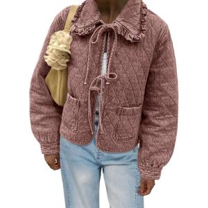 Tankaneo Womens Quilted Denim Puffer Jackets Tie Front Bow Cropped Puffy Jackets Fall Cute Short Jeans Coat(Coffee)