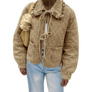 Tankaneo Womens Quilted Denim Puffer Jackets Tie Front Bow Cropped Puffy Jackets Fall Cute Short Jeans Coat(Khaki)