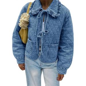 Tankaneo Womens Quilted Denim Puffer Jackets Tie Front Bow Cropped Puffy Jackets Fall Cute Short Jeans Coat(Light Blue)