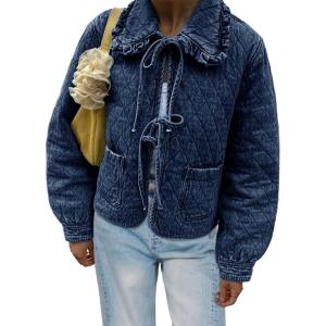 Tankaneo Womens Quilted Denim Puffer Jackets Tie Front Bow Cropped Puffy Jackets Fall Cute Short Jeans Coat(Navy)