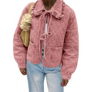 Tankaneo Womens Quilted Denim Puffer Jackets Tie Front Bow Cropped Puffy Jackets Fall Cute Short Jeans Coat(Pink)