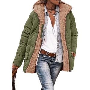 Tankaneo Womens Reversible Puffer Jackets Sherpa Lined Fleece Winter Coats Casual Zip Up Hooded Warm Outerwear(Army Green)