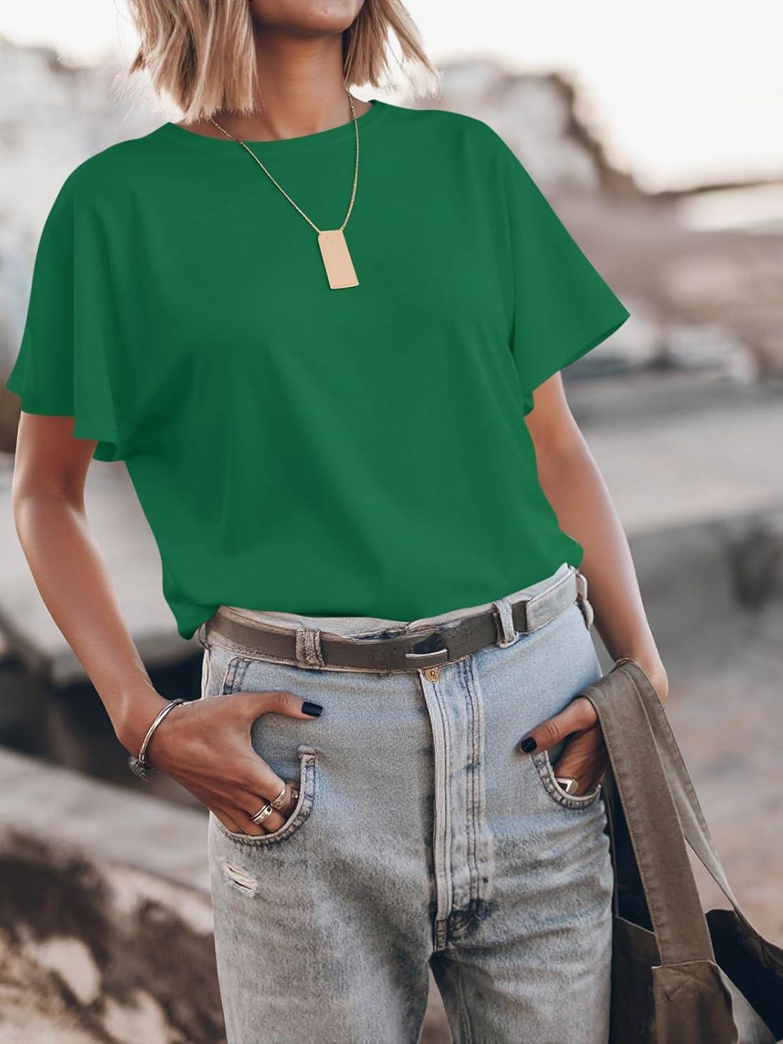 imageTankaneo Womens Batwing Short Sleeve T Shirts Summer Casual Flowy Crew Neck Tops Loose Fit Boxy Basic TeesGreen