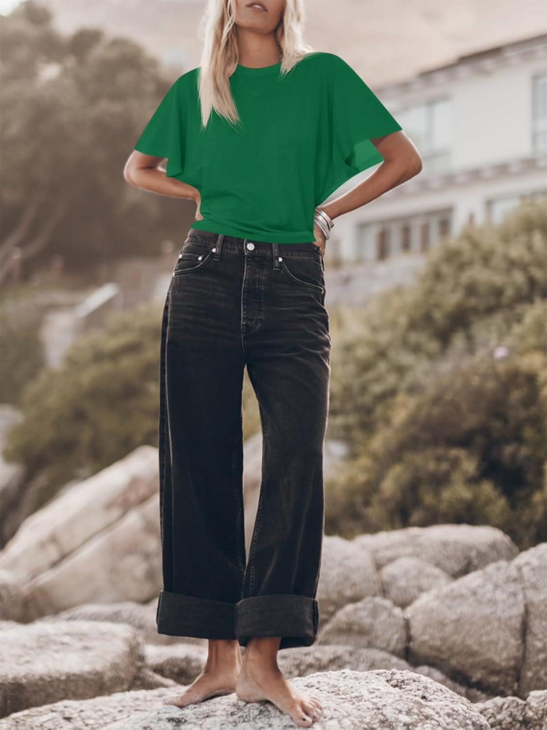 imageTankaneo Womens Batwing Short Sleeve T Shirts Summer Casual Flowy Crew Neck Tops Loose Fit Boxy Basic TeesGreen