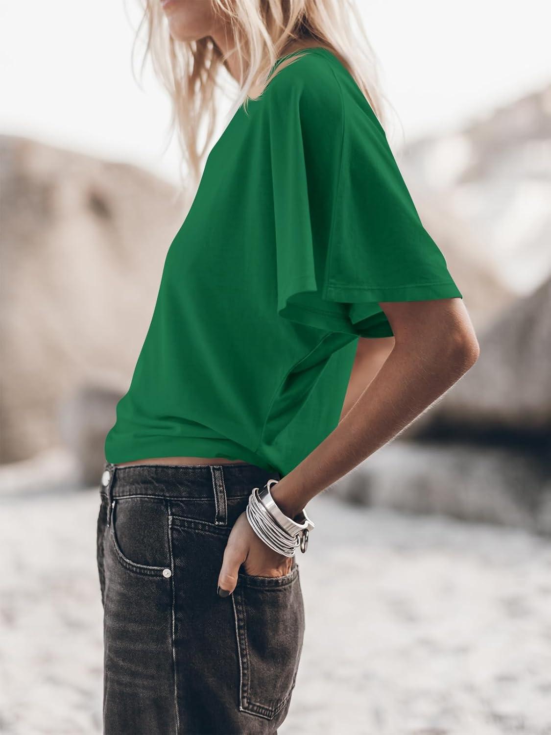 imageTankaneo Womens Batwing Short Sleeve T Shirts Summer Casual Flowy Crew Neck Tops Loose Fit Boxy Basic TeesGreen