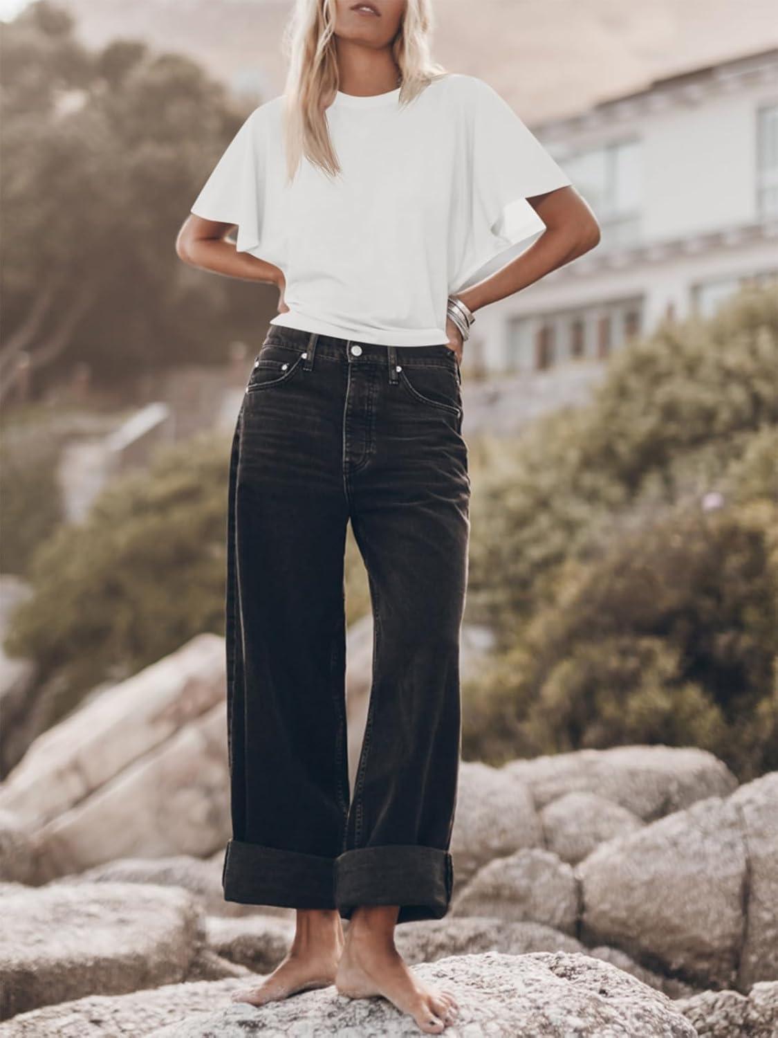 imageTankaneo Womens Batwing Short Sleeve T Shirts Summer Casual Flowy Crew Neck Tops Loose Fit Boxy Basic TeesWhite