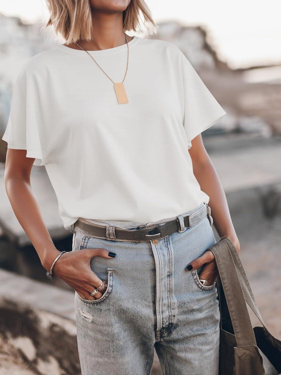 imageTankaneo Womens Batwing Short Sleeve T Shirts Summer Casual Flowy Crew Neck Tops Loose Fit Boxy Basic TeesWhite