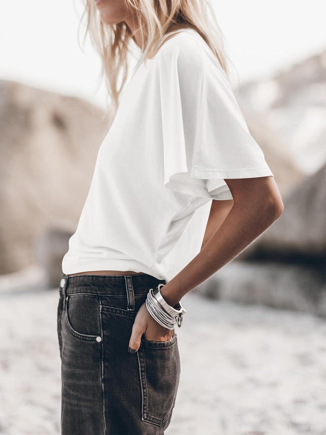 imageTankaneo Womens Batwing Short Sleeve T Shirts Summer Casual Flowy Crew Neck Tops Loose Fit Boxy Basic TeesWhite