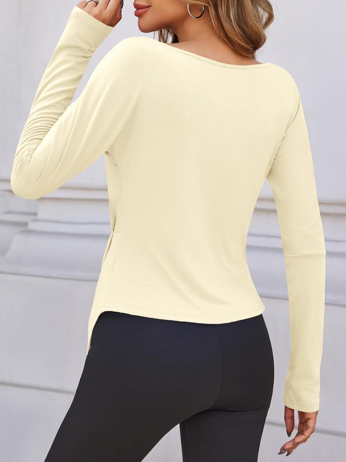 imageTankaneo Womens Boat Neck Long Sleeve Tops Ruched Asymmetric Hem Fitted TShirts Casual Yoga Workout TeesBeige
