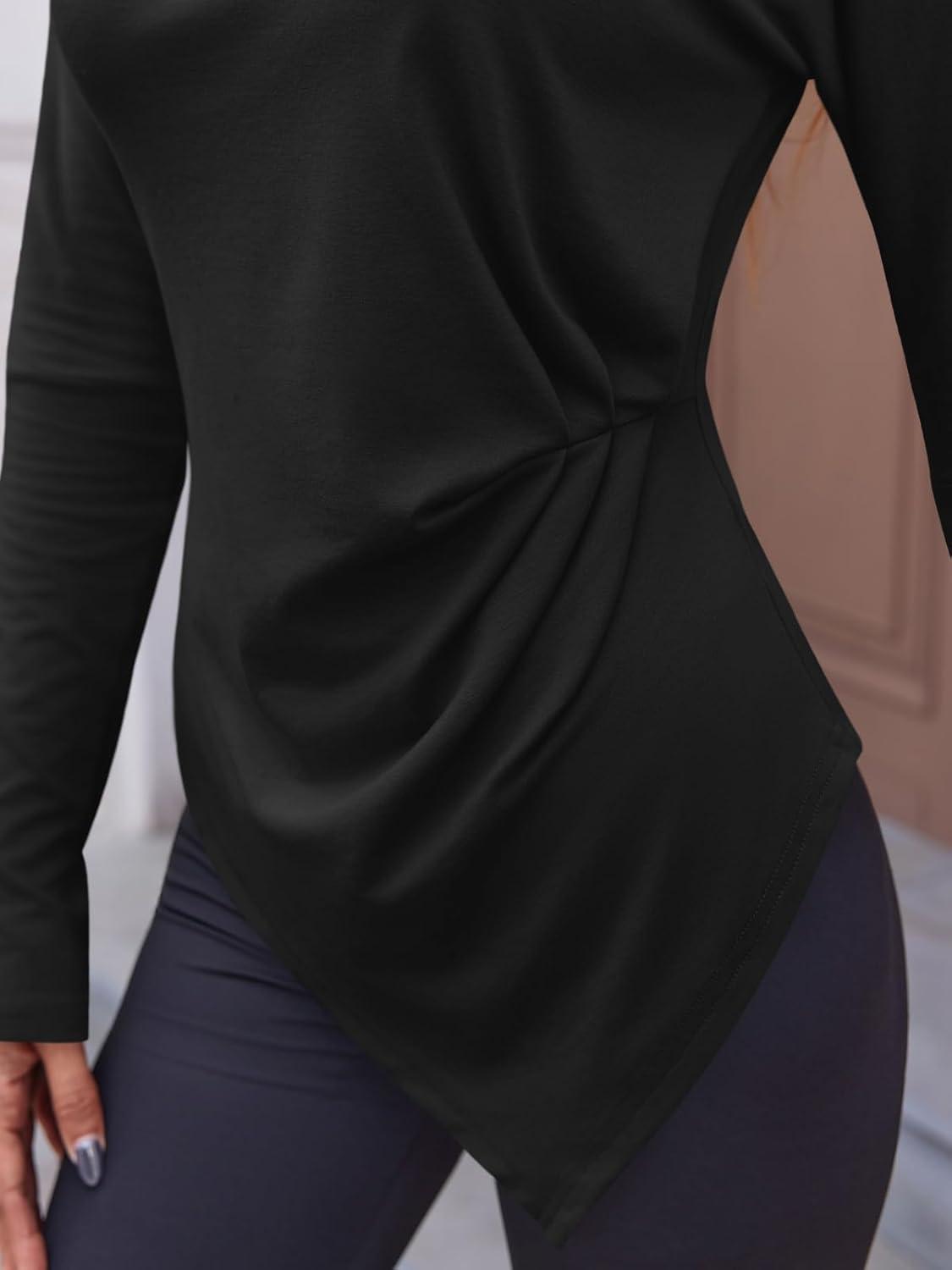 imageTankaneo Womens Boat Neck Long Sleeve Tops Ruched Asymmetric Hem Fitted TShirts Casual Yoga Workout TeesBlack