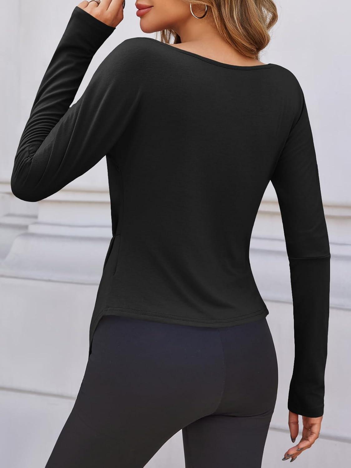 imageTankaneo Womens Boat Neck Long Sleeve Tops Ruched Asymmetric Hem Fitted TShirts Casual Yoga Workout TeesBlack