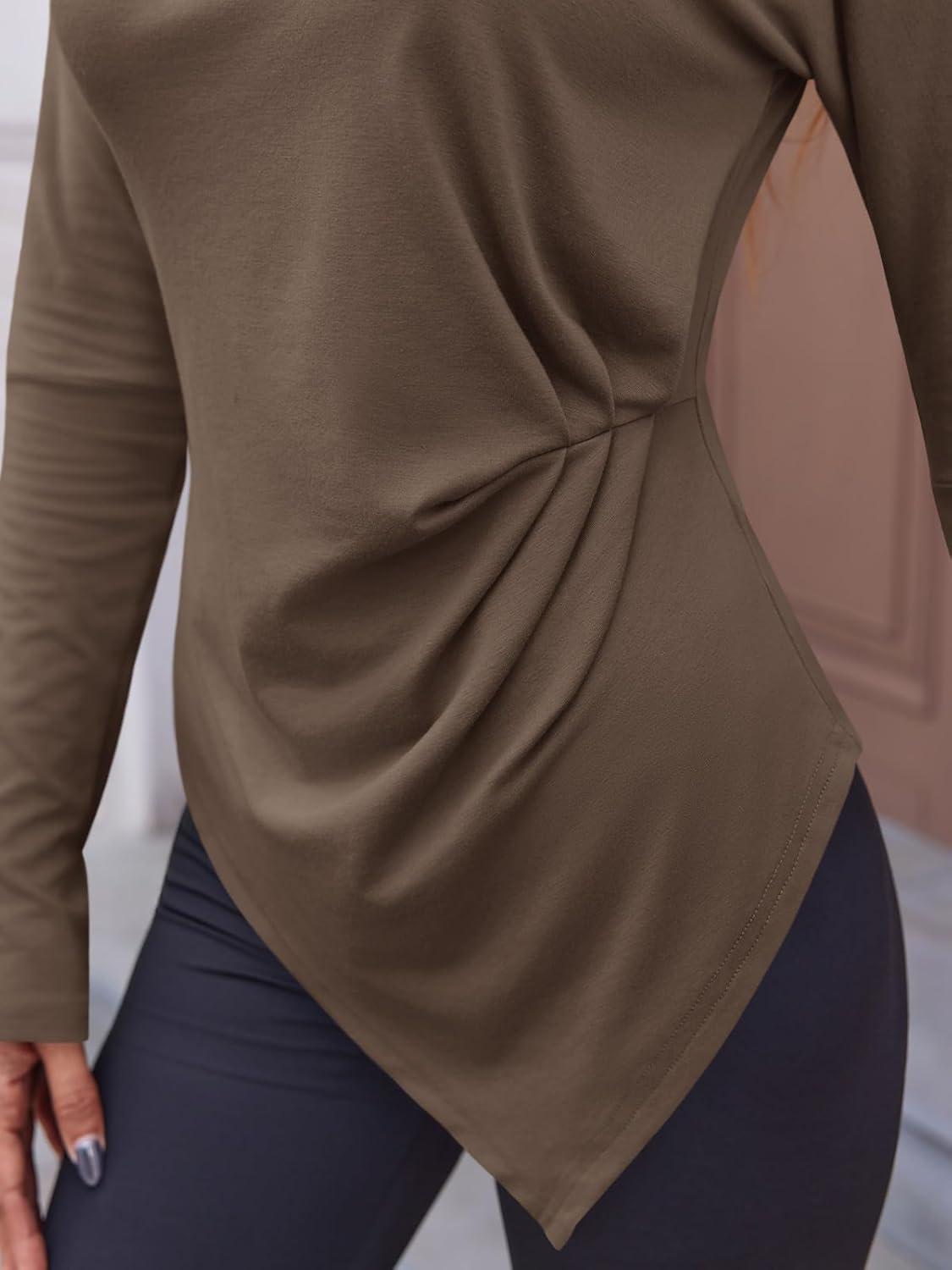 imageTankaneo Womens Boat Neck Long Sleeve Tops Ruched Asymmetric Hem Fitted TShirts Casual Yoga Workout TeesCoffee