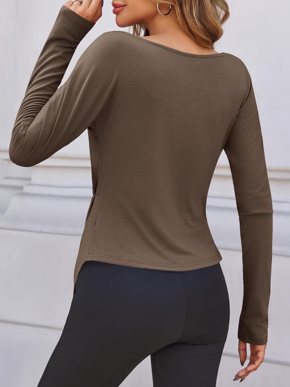 imageTankaneo Womens Boat Neck Long Sleeve Tops Ruched Asymmetric Hem Fitted TShirts Casual Yoga Workout TeesCoffee