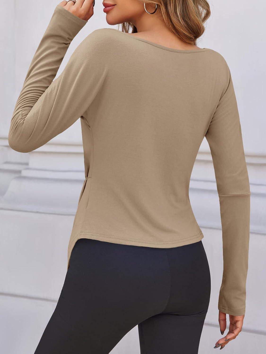 imageTankaneo Womens Boat Neck Long Sleeve Tops Ruched Asymmetric Hem Fitted TShirts Casual Yoga Workout TeesKhaki