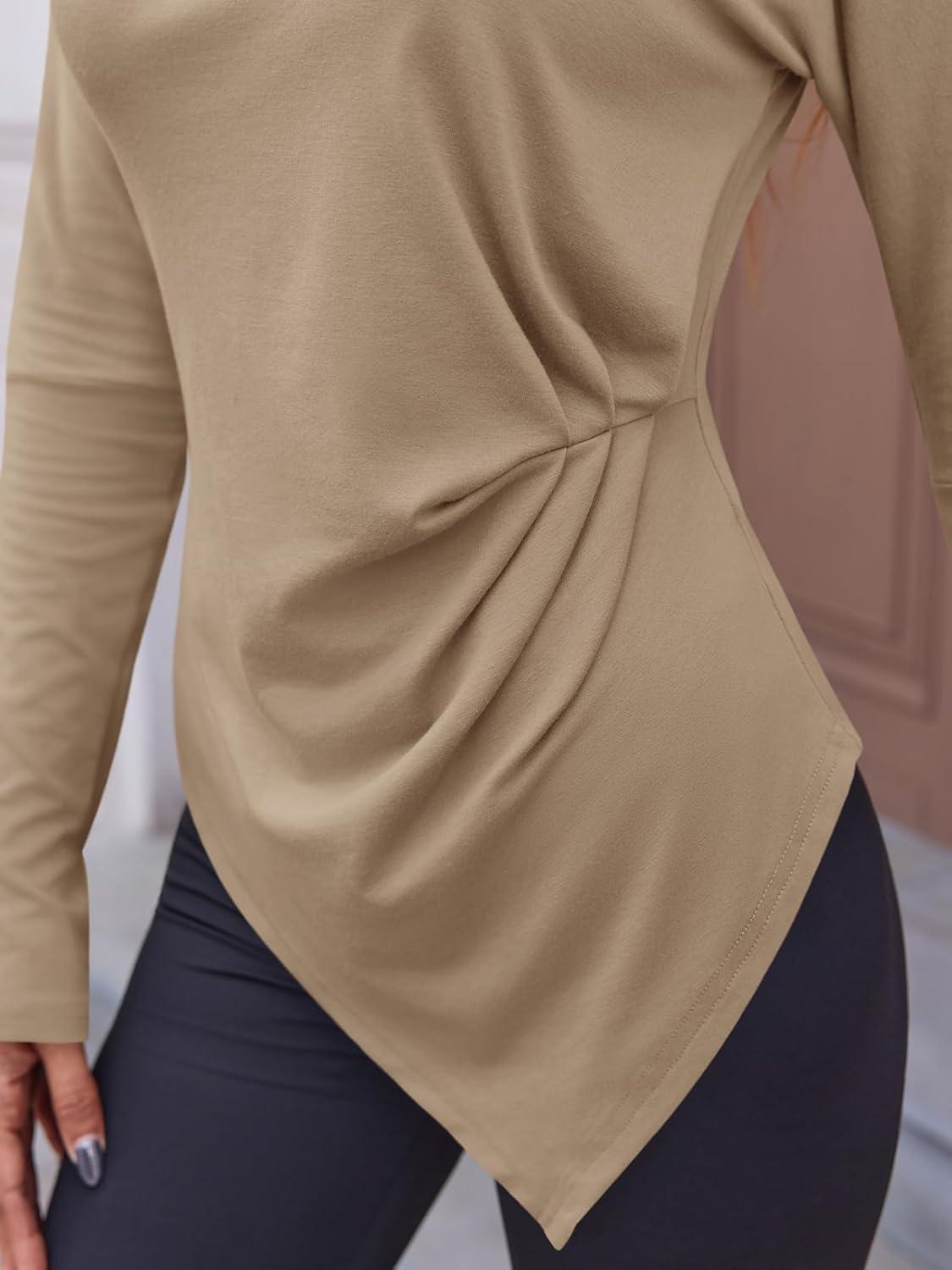 imageTankaneo Womens Boat Neck Long Sleeve Tops Ruched Asymmetric Hem Fitted TShirts Casual Yoga Workout TeesKhaki