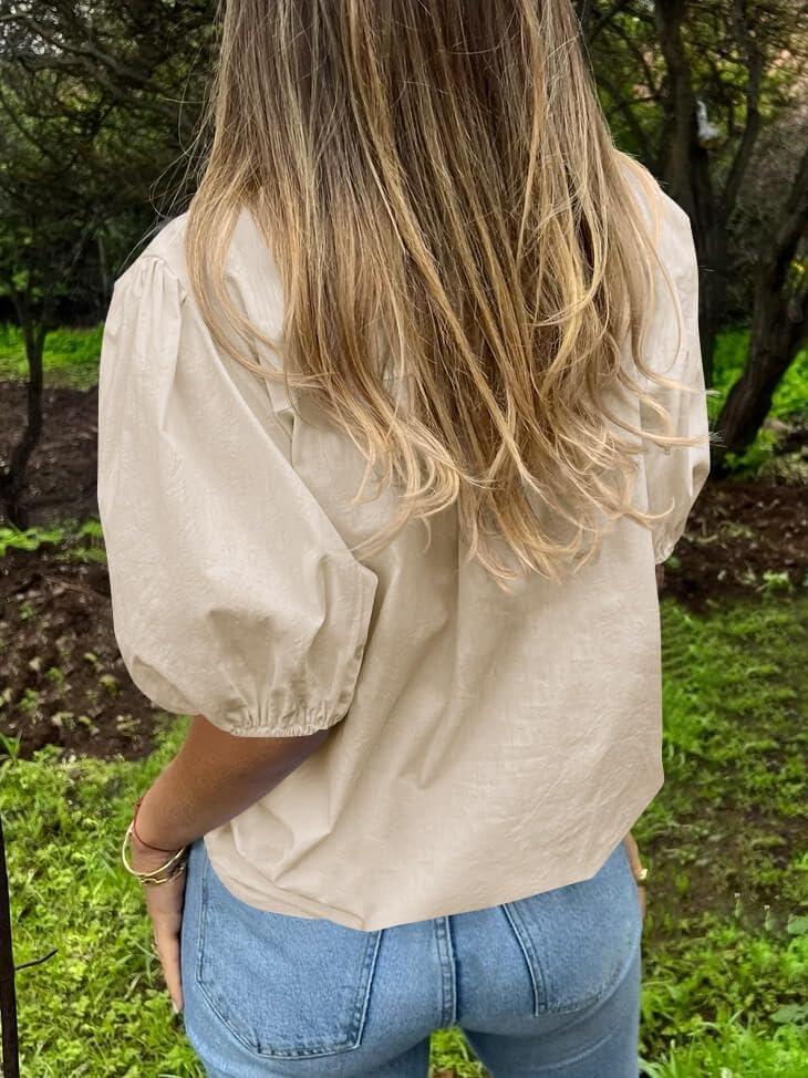 imageTankaneo Womens Button Down Shirts Short Puff Sleeve Collared Dressy Casual Blouse TopsBeige