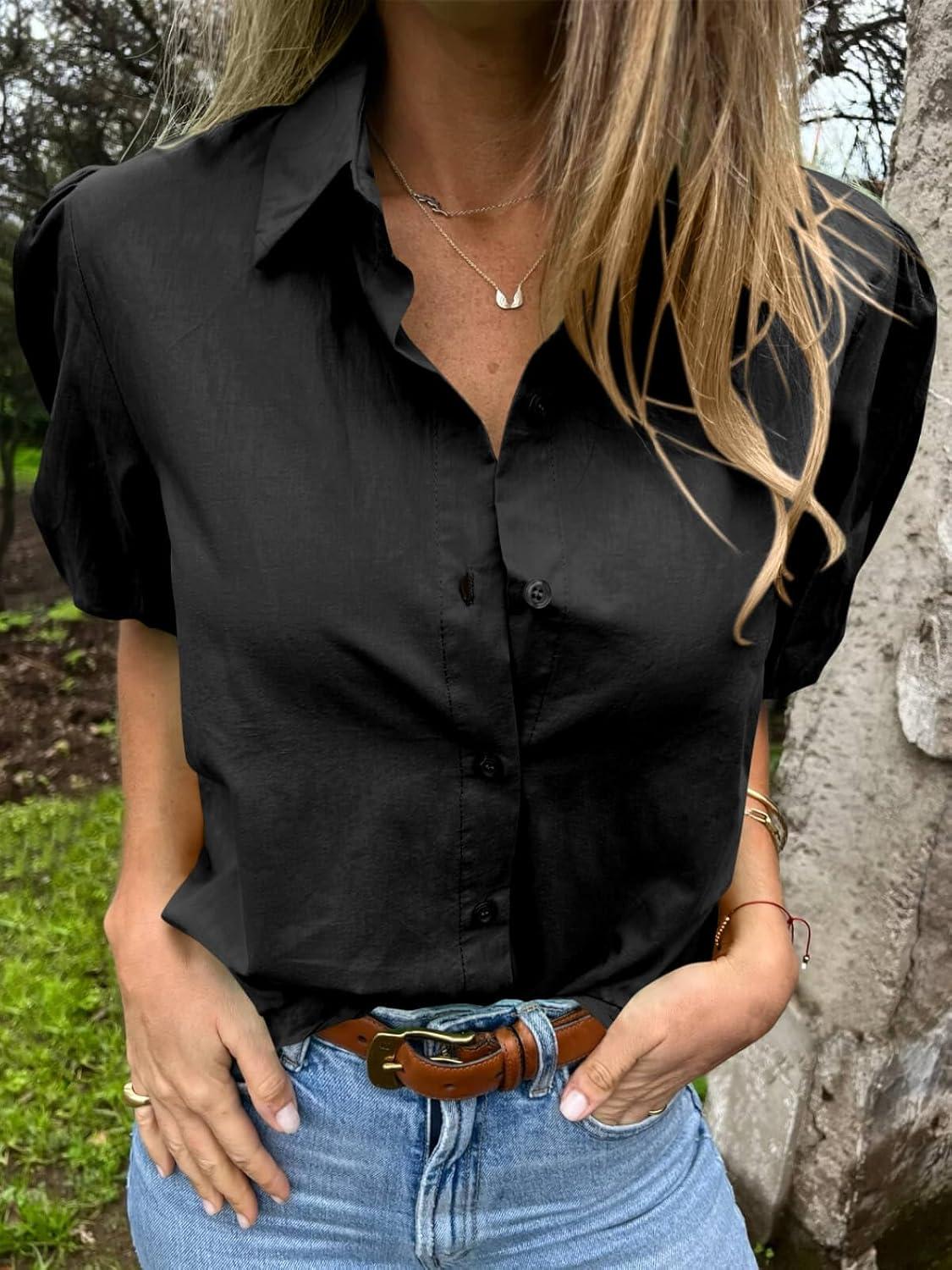 imageTankaneo Womens Button Down Shirts Short Puff Sleeve Collared Dressy Casual Blouse TopsBlack