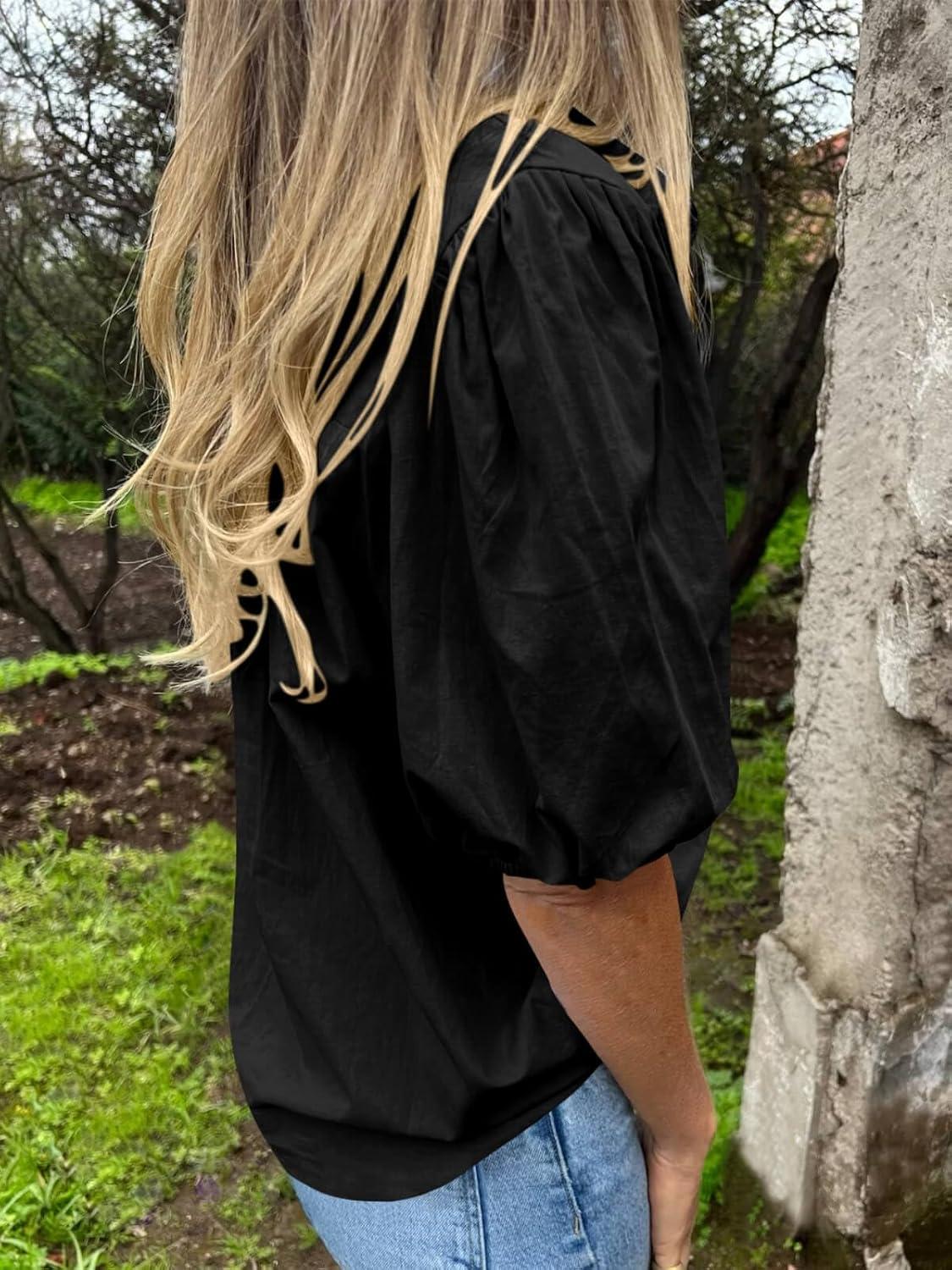 imageTankaneo Womens Button Down Shirts Short Puff Sleeve Collared Dressy Casual Blouse TopsBlack