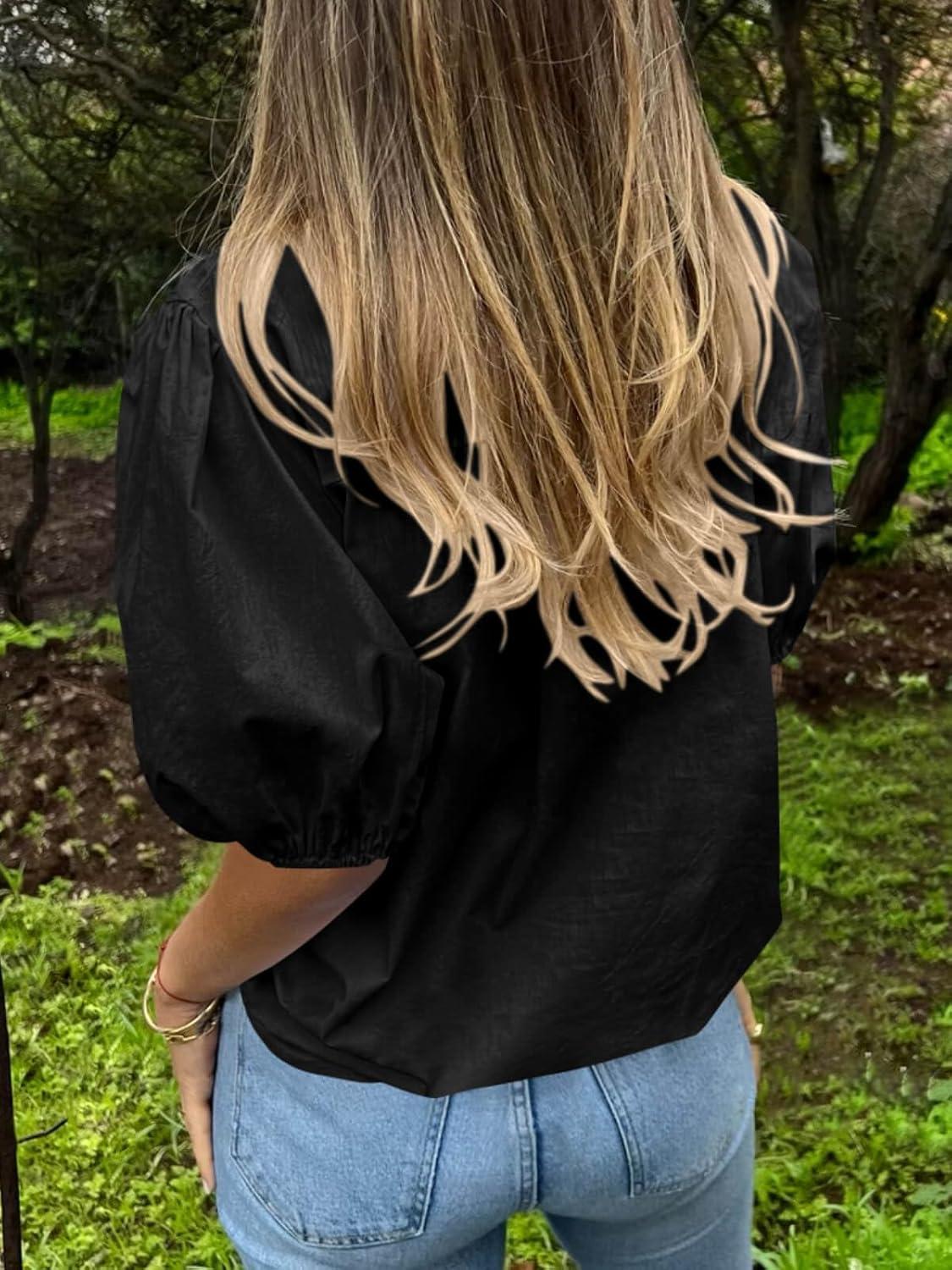 imageTankaneo Womens Button Down Shirts Short Puff Sleeve Collared Dressy Casual Blouse TopsBlack