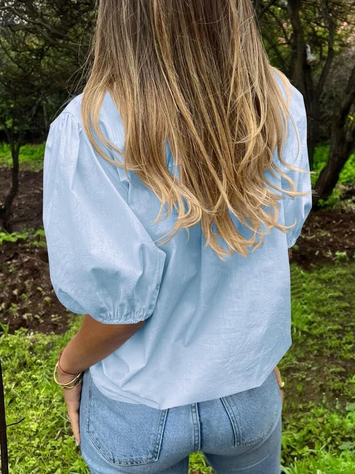 imageTankaneo Womens Button Down Shirts Short Puff Sleeve Collared Dressy Casual Blouse TopsBlue