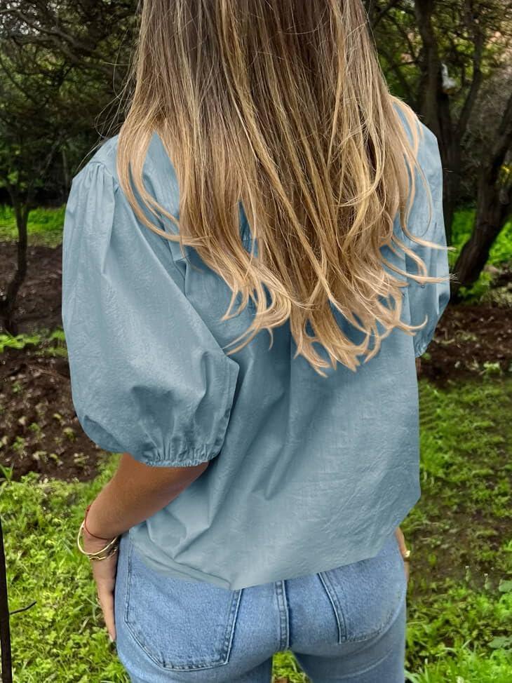 imageTankaneo Womens Button Down Shirts Short Puff Sleeve Collared Dressy Casual Blouse TopsBluish Grey