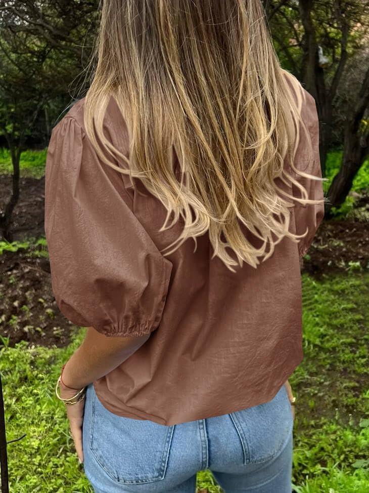 imageTankaneo Womens Button Down Shirts Short Puff Sleeve Collared Dressy Casual Blouse TopsCoffee