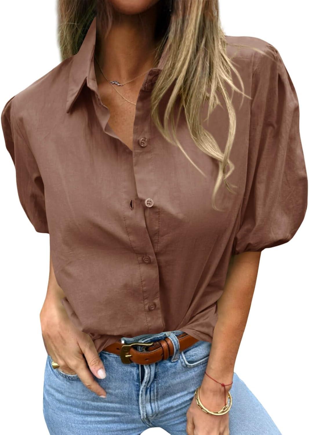 imageTankaneo Womens Button Down Shirts Short Puff Sleeve Collared Dressy Casual Blouse TopsCoffee