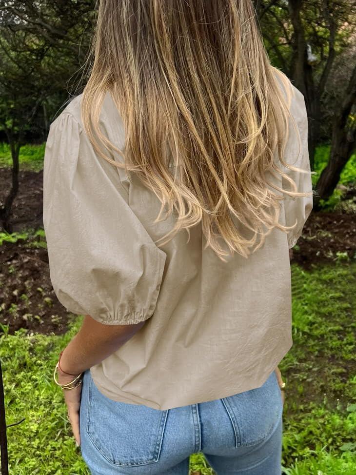 imageTankaneo Womens Button Down Shirts Short Puff Sleeve Collared Dressy Casual Blouse TopsLight Khaki