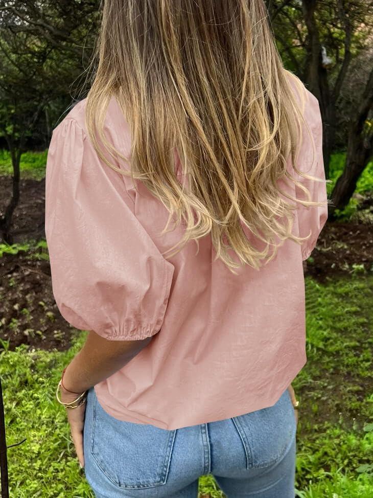 imageTankaneo Womens Button Down Shirts Short Puff Sleeve Collared Dressy Casual Blouse TopsLight Pink
