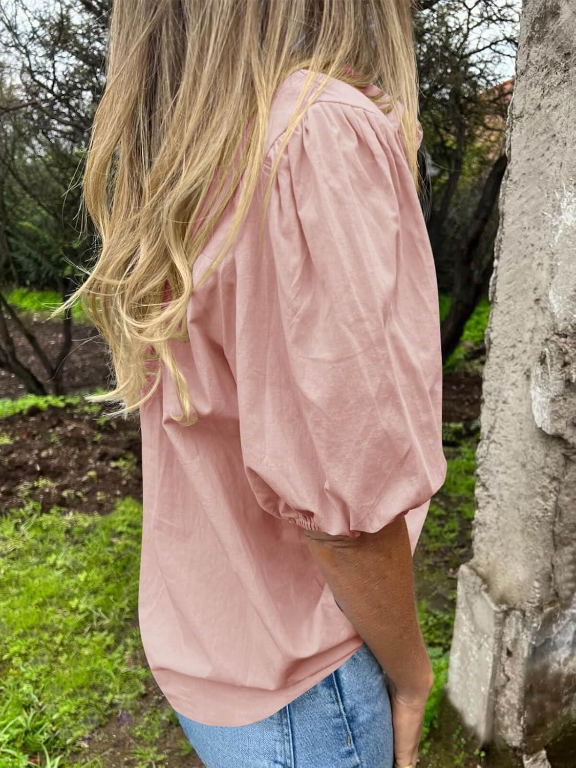 imageTankaneo Womens Button Down Shirts Short Puff Sleeve Collared Dressy Casual Blouse TopsLight Pink